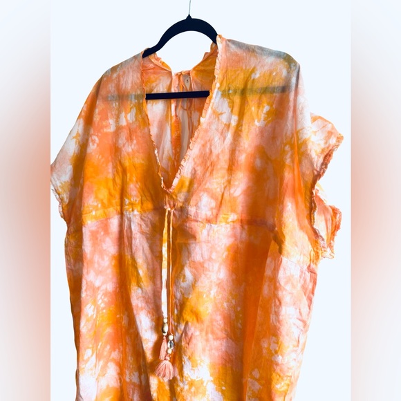 Aerie Swim Cover Up Small Orange  Peach Tie Dyed 100% Cotton Shell Drawstring - Picture 4 of 7